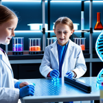 **Prompt:** A futuristic lab scene. Scientists in lab coats working with glowing strands of DNA. Focus on CRISPR-Cas9 technology. Include children happily playing in the background, symbolizing the potential of gene therapy to cure genetic diseases. Bright, hopeful lighting.