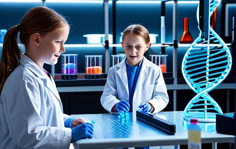 **Prompt:** A futuristic lab scene. Scientists in lab coats working with glowing strands of DNA. Focus on CRISPR-Cas9 technology. Include children happily playing in the background, symbolizing the potential of gene therapy to cure genetic diseases. Bright, hopeful lighting.