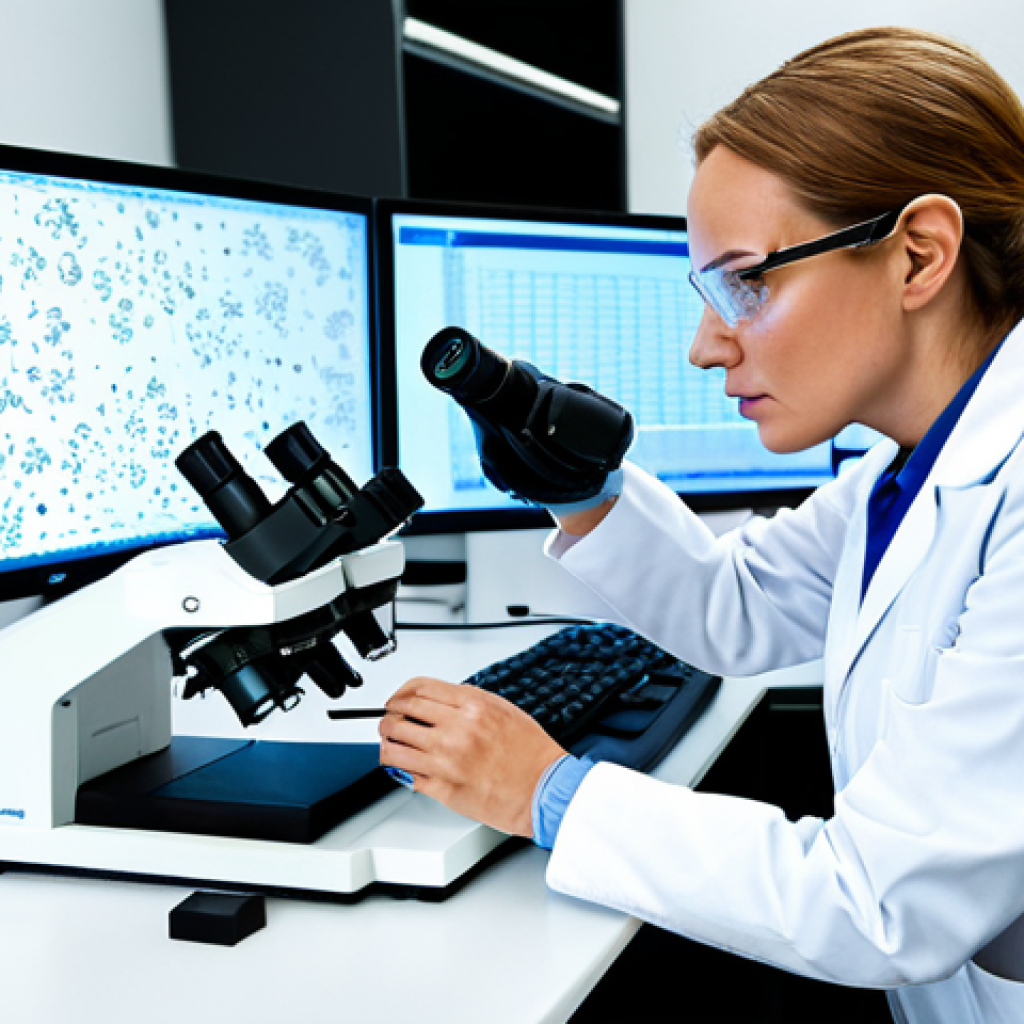 A professional female bioscientist, fully clothed in a clean white lab coat and safety glasses, meticulously examining a sample under a high-tech microscope in a sterile, modern biopharmaceutical laboratory. Advanced scientific equipment and computer screens displaying complex molecular structures are visible in the background. The atmosphere is focused and innovative. She has perfect anatomy, correct proportions, and a natural pose, with well-formed hands and proper finger count. The image is safe for work, appropriate content, fully clothed, and represents professional scientific research, in a family-friendly style, high quality, professional photography.