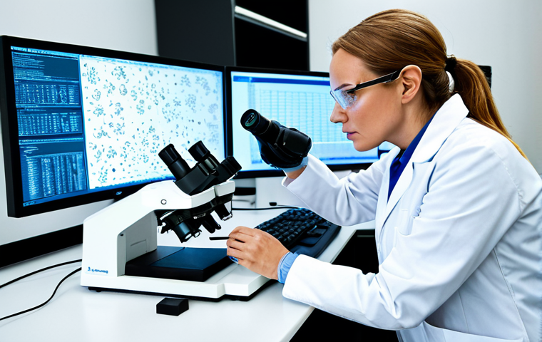 A professional female bioscientist, fully clothed in a clean white lab coat and safety glasses, meticulously examining a sample under a high-tech microscope in a sterile, modern biopharmaceutical laboratory. Advanced scientific equipment and computer screens displaying complex molecular structures are visible in the background. The atmosphere is focused and innovative. She has perfect anatomy, correct proportions, and a natural pose, with well-formed hands and proper finger count. The image is safe for work, appropriate content, fully clothed, and represents professional scientific research, in a family-friendly style, high quality, professional photography.