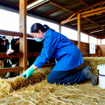 ** A veterinarian in a clean, well-lit barn examining cattle. She is fully clothed in appropriate farm attire including boots and gloves. The scene shows a healthy cow, clean hay, and proper hygiene protocols. Safe for work, professional, appropriate content, perfect anatomy, natural proportions, family-friendly.

**