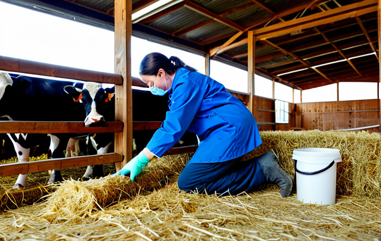 ** A veterinarian in a clean, well-lit barn examining cattle. She is fully clothed in appropriate farm attire including boots and gloves. The scene shows a healthy cow, clean hay, and proper hygiene protocols. Safe for work, professional, appropriate content, perfect anatomy, natural proportions, family-friendly.

**