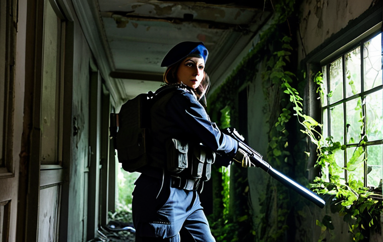 **

A female S.T.A.R.S. operative, fully clothed in tactical gear and a beret, exploring a dimly lit, overgrown corridor of an abandoned mansion. Creeping vines, decaying furniture, flashlight beam cutting through the darkness. Perfect anatomy, correct proportions, natural pose, safe for work, appropriate content, professional, modest, family-friendly, high quality.

**