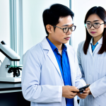 ** A team of Vietnamese scientists in a modern laboratory, fully clothed in lab coats and safety glasses, working on developing a new drug. Focus on advanced technology, bioreactors, and data analysis. Safe for work, appropriate content, professional, science-focused.

**