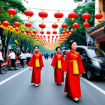 오가노이드 연구 - **A bustling Hanoi street scene during Tet Nguyen Dan (Lunar New Year).** Families in traditional Ao...