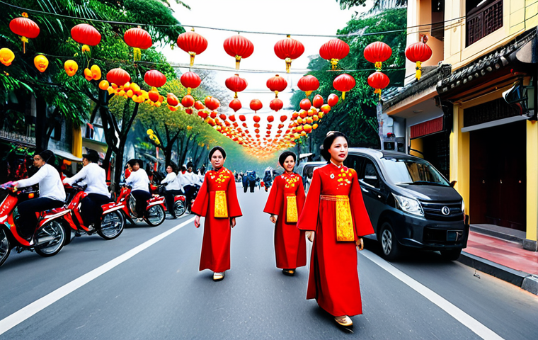 오가노이드 연구 - **A bustling Hanoi street scene during Tet Nguyen Dan (Lunar New Year).** Families in traditional Ao...