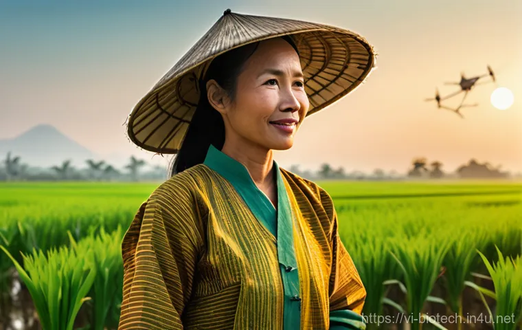 생명공학 연구소 - **Prompt:** "A vibrant, panoramic view of a modernized Vietnamese rice paddy field at sunset. A prou...