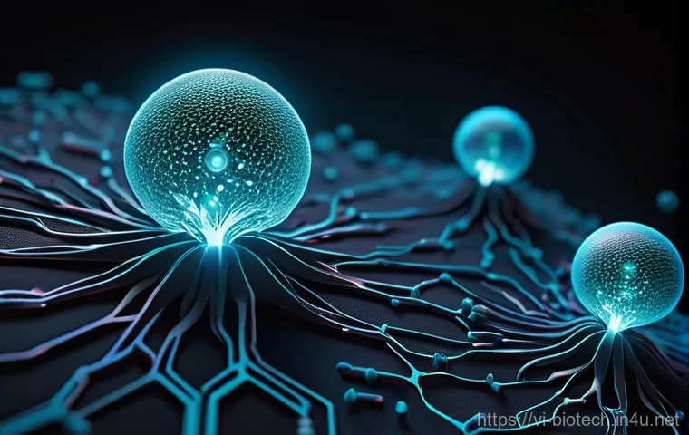 스마트 바이오 의약품 - A futuristic, microscopic view of intelligent biological pharmaceuticals, depicted as sleek, glowing...