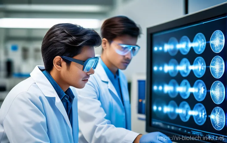 스마트 바이오 의약품 - A futuristic, microscopic view of intelligent biological pharmaceuticals, depicted as sleek, glowing...
