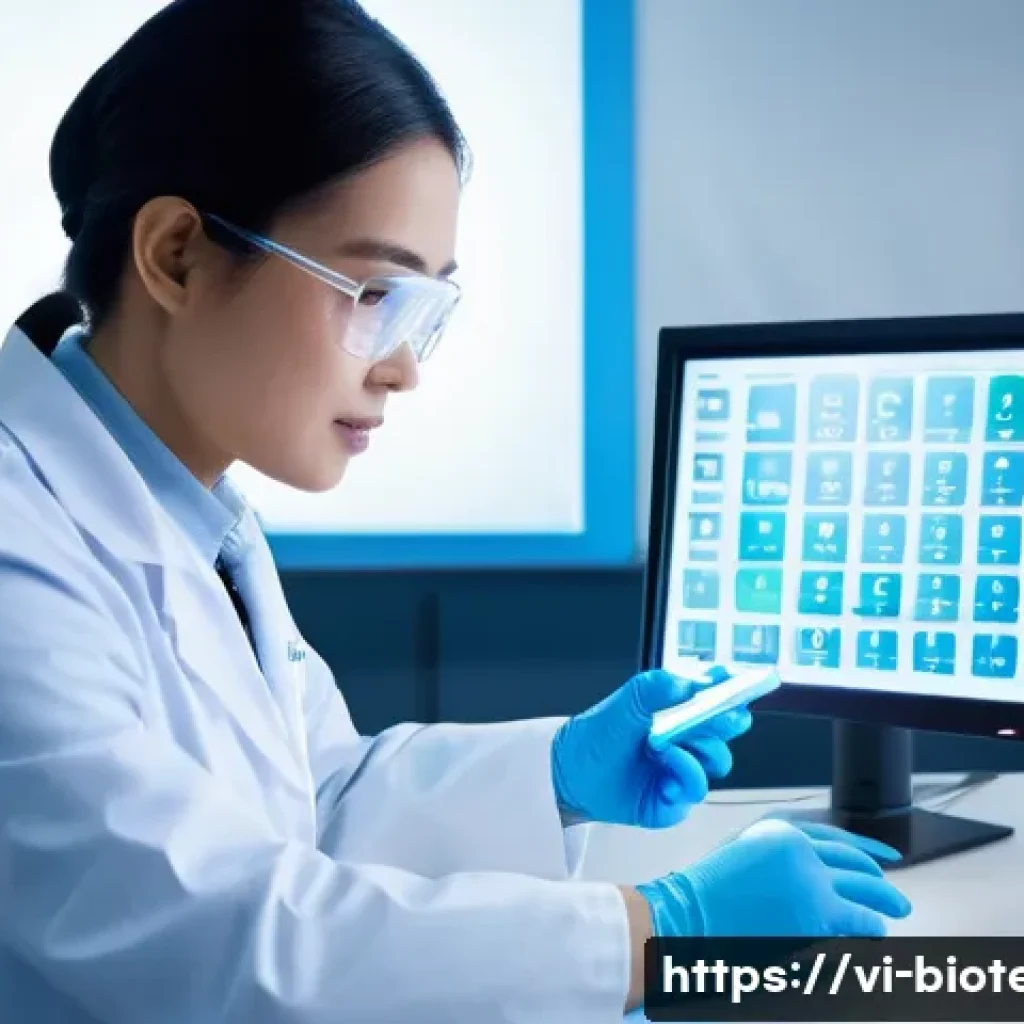 바이오 센서 - A highly detailed scientific laboratory scene focusing on a modern biosensor device analyzing a bloo...