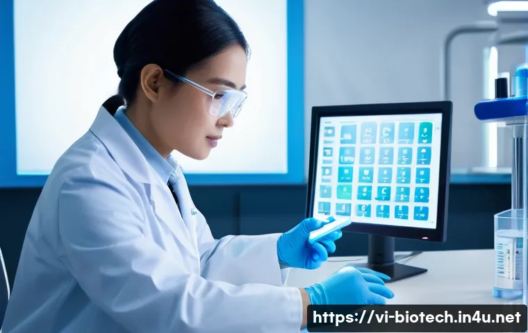 바이오 센서 - A highly detailed scientific laboratory scene focusing on a modern biosensor device analyzing a bloo...