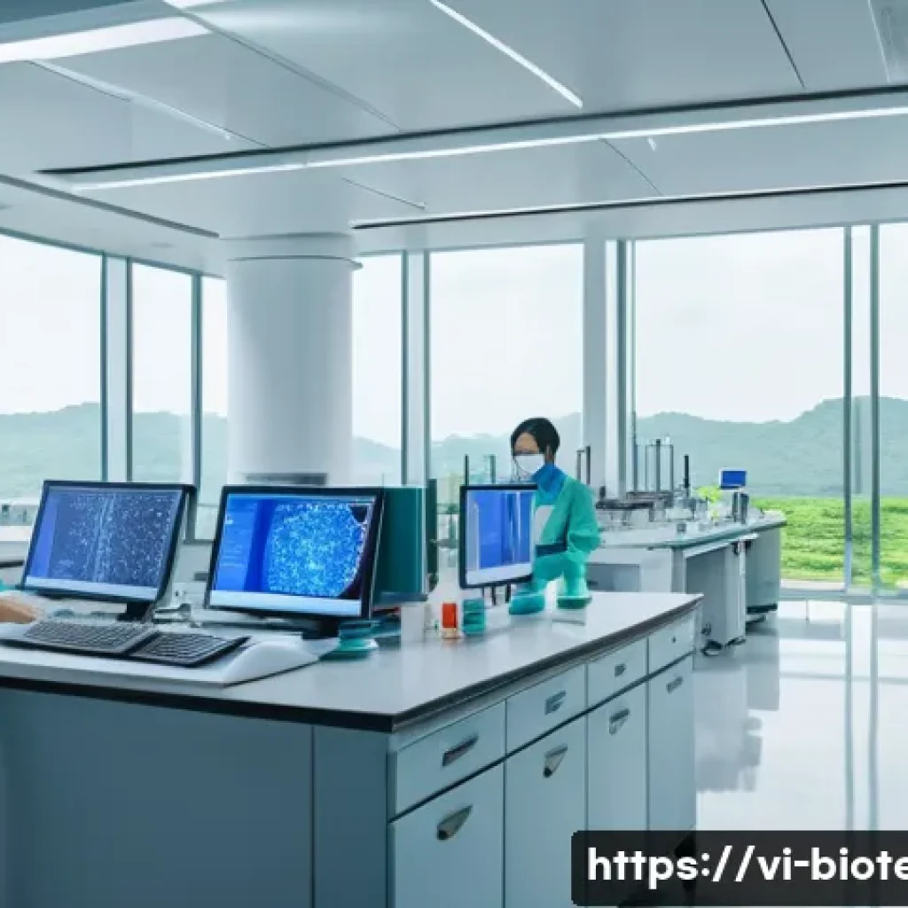 바이오테크 스타트업 - A modern Vietnamese biotechnology startup laboratory scene, featuring young Vietnamese scientists in...
