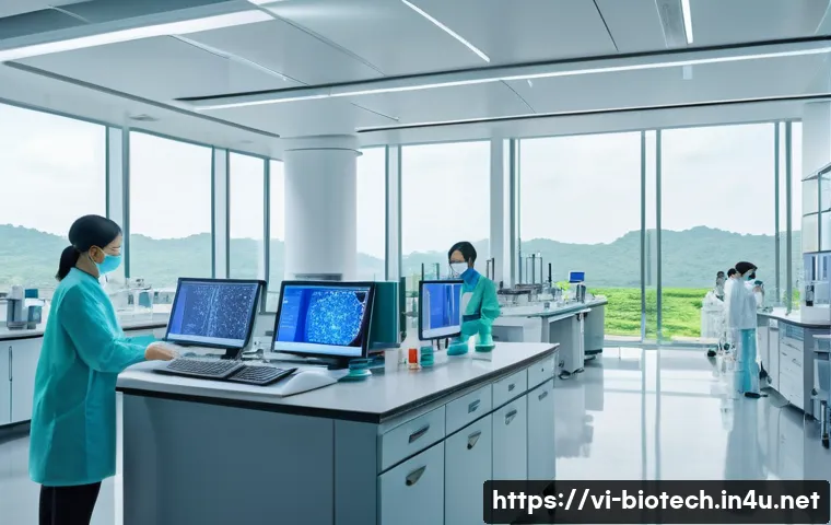 바이오테크 스타트업 - A modern Vietnamese biotechnology startup laboratory scene, featuring young Vietnamese scientists in...