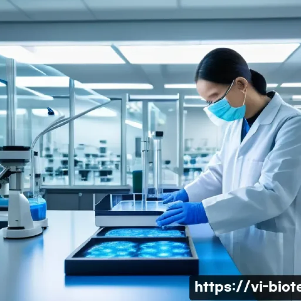 배양 세포의 종류 - A highly detailed scientific laboratory scene showing cultured human fibroblast cells growing rapidl...