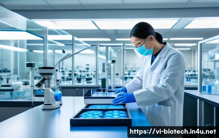 배양 세포의 종류 - A highly detailed scientific laboratory scene showing cultured human fibroblast cells growing rapidl...