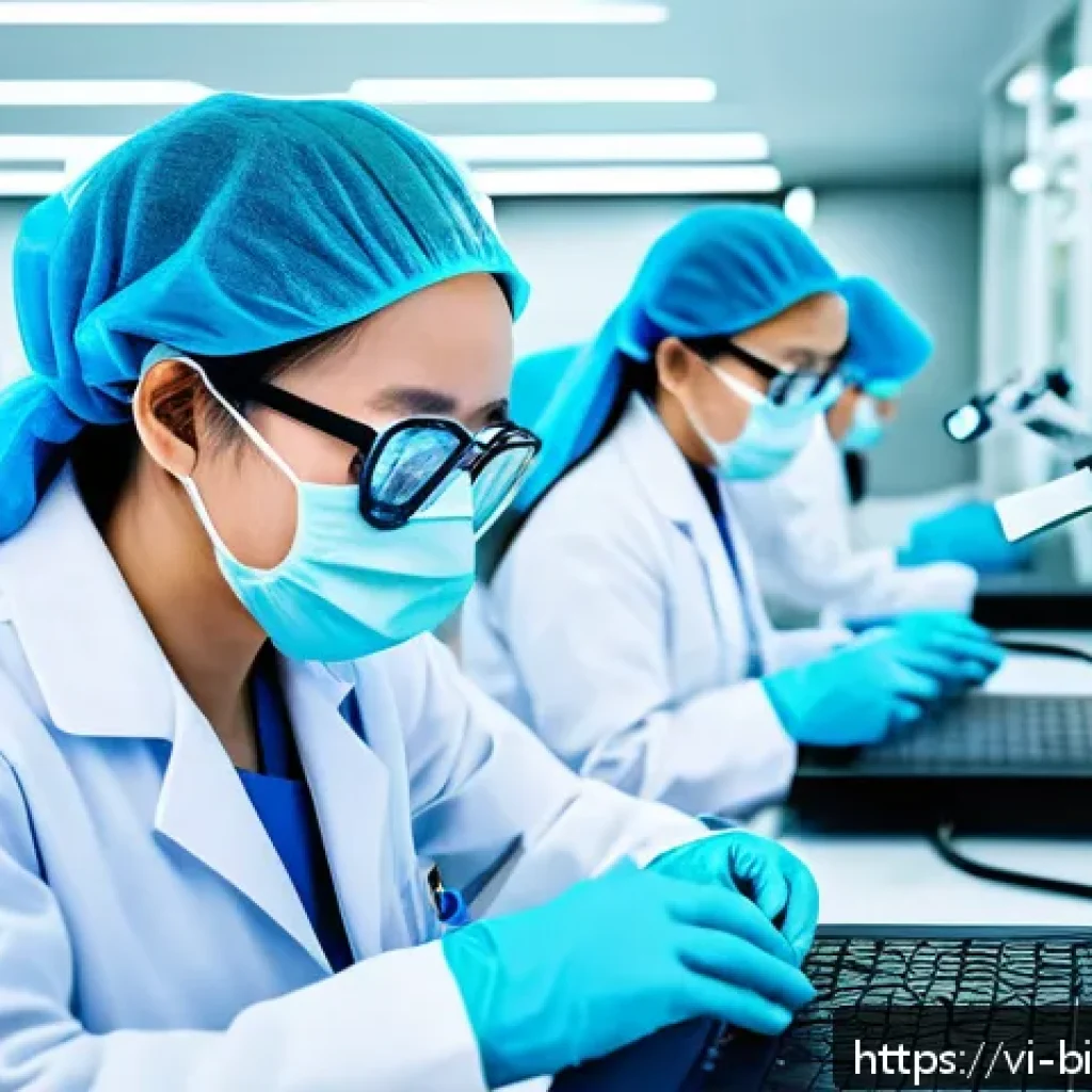 바이오 제약 산업 동향 - A highly detailed futuristic laboratory scene in Vietnam, showcasing Vietnamese scientists in modern...