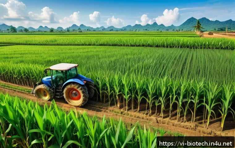 바이오 리파이너리 - A vibrant Southeast Asian agricultural landscape featuring lush sugarcane and corn fields under a br...