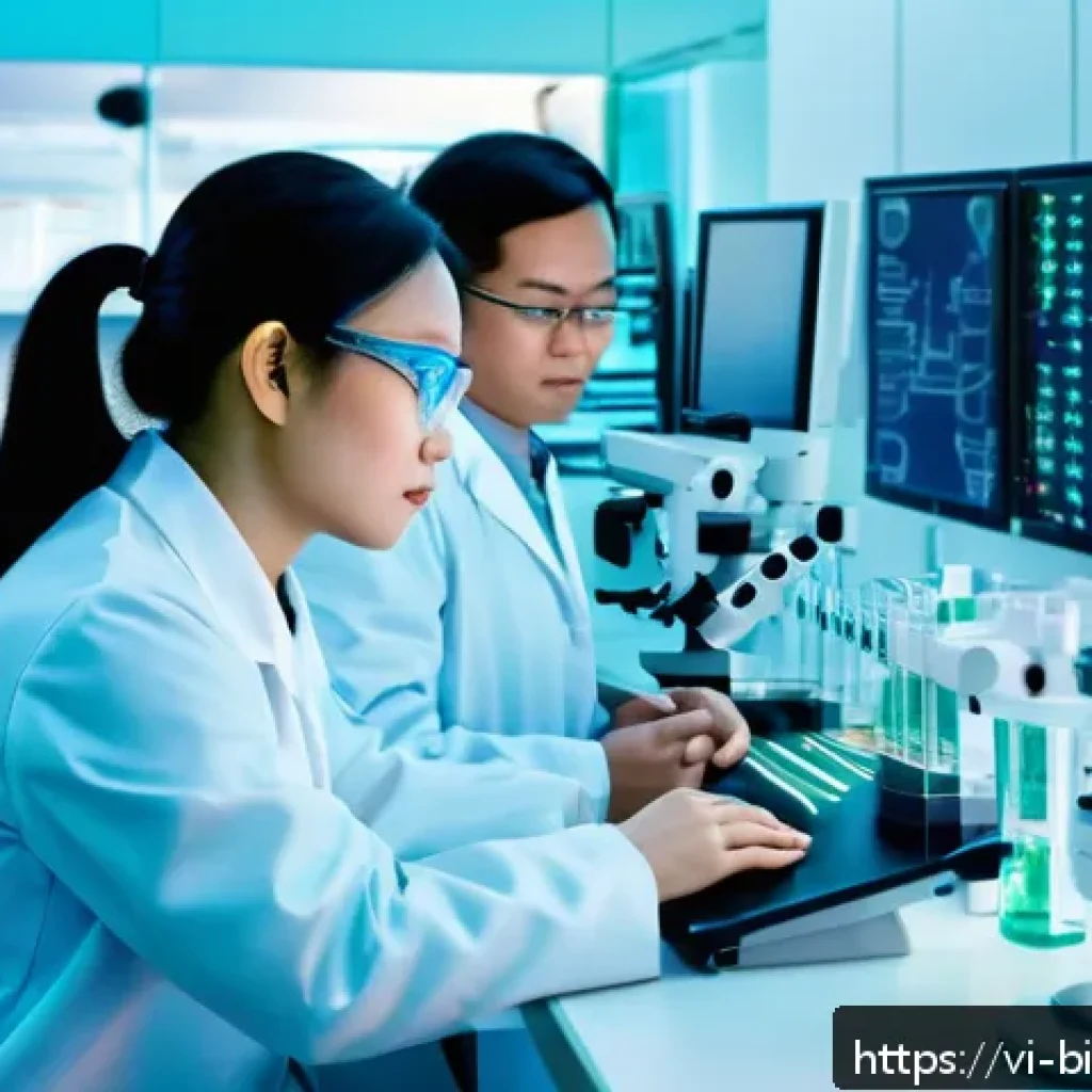 제약 회사와 바이오 회사 차이 - A modern biotechnology laboratory in Vietnam, scientists wearing lab coats and safety glasses workin...