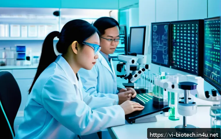제약 회사와 바이오 회사 차이 - A modern biotechnology laboratory in Vietnam, scientists wearing lab coats and safety glasses workin...