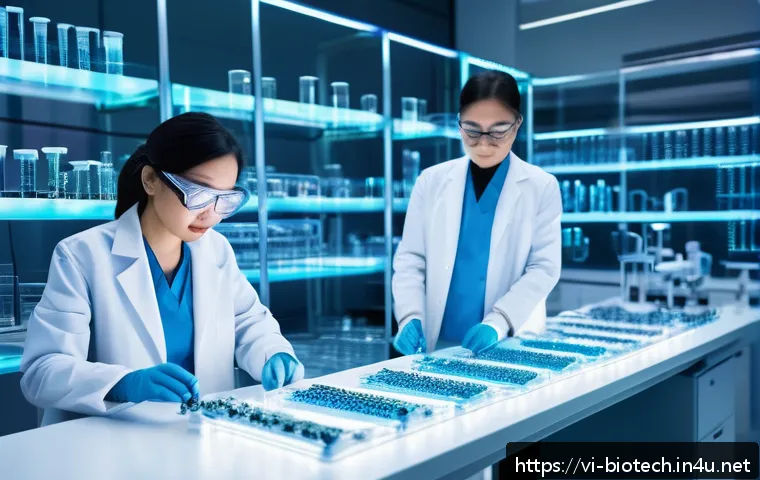 유전자 편집 원리 - A futuristic laboratory scene showcasing scientists in modern protective lab coats and safety glasse...