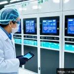 Home 19 바이오 생산 최적화 기술 - A high-tech biomanufacturing facility interior showcasing smart sensors and IoT devices monitoring f...
