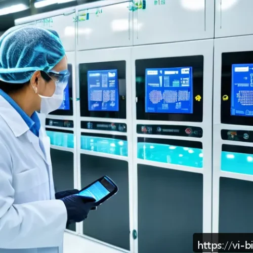Home 31 바이오 생산 최적화 기술 - A high-tech biomanufacturing facility interior showcasing smart sensors and IoT devices monitoring f...
