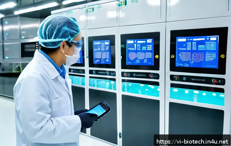 바이오 생산 최적화 기술 - A high-tech biomanufacturing facility interior showcasing smart sensors and IoT devices monitoring f...