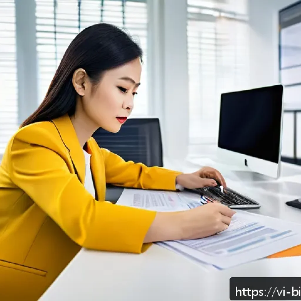 FDA 승인 절차 - A professional Vietnamese businesswoman sitting at a modern desk in a bright office, analyzing FDA r...