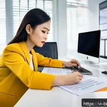 Home 18 FDA 승인 절차 - A professional Vietnamese businesswoman sitting at a modern desk in a bright office, analyzing FDA r...