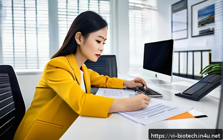 FDA 승인 절차 - A professional Vietnamese businesswoman sitting at a modern desk in a bright office, analyzing FDA r...