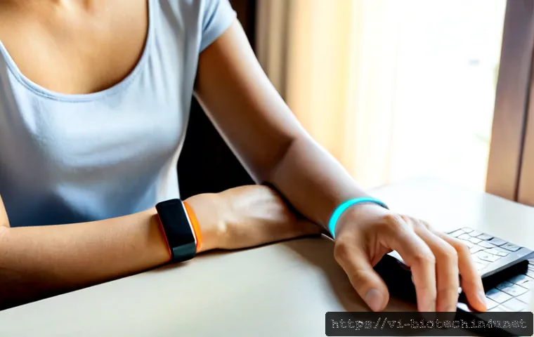 Home 17 스마트 바이오 센서 - Photorealistic close-up of a Vietnamese adult using a sleek wearable smart biosensor wristband at a ...